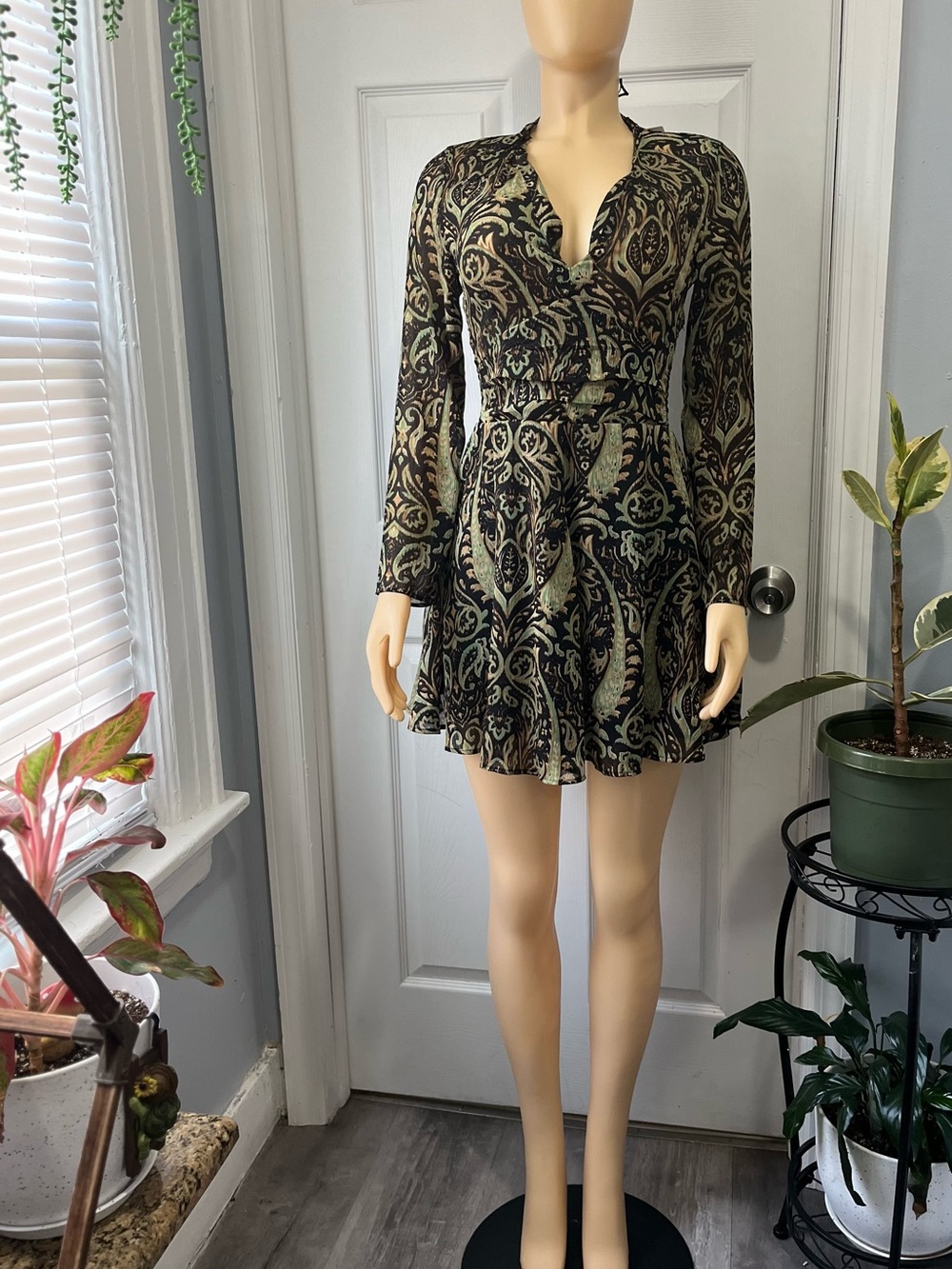 Zara Black and Olive Paisley Long-Sleeve Mini Dress